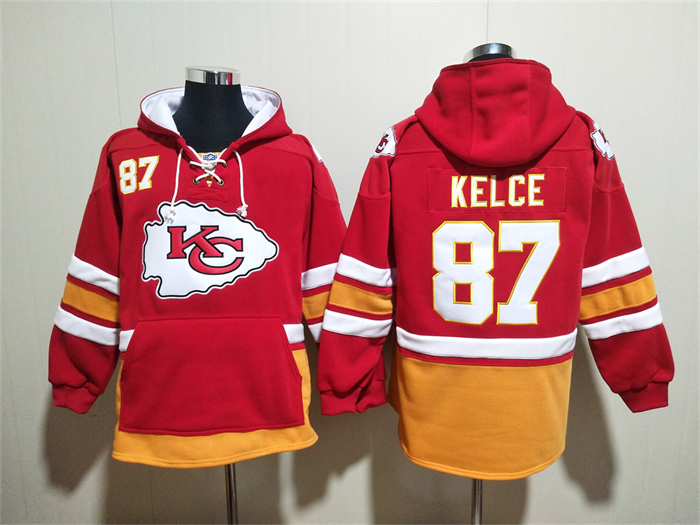 Kansas City Chiefs #87 Travis Kelce Hoodies Red Lace-Up Pullover Hoodie